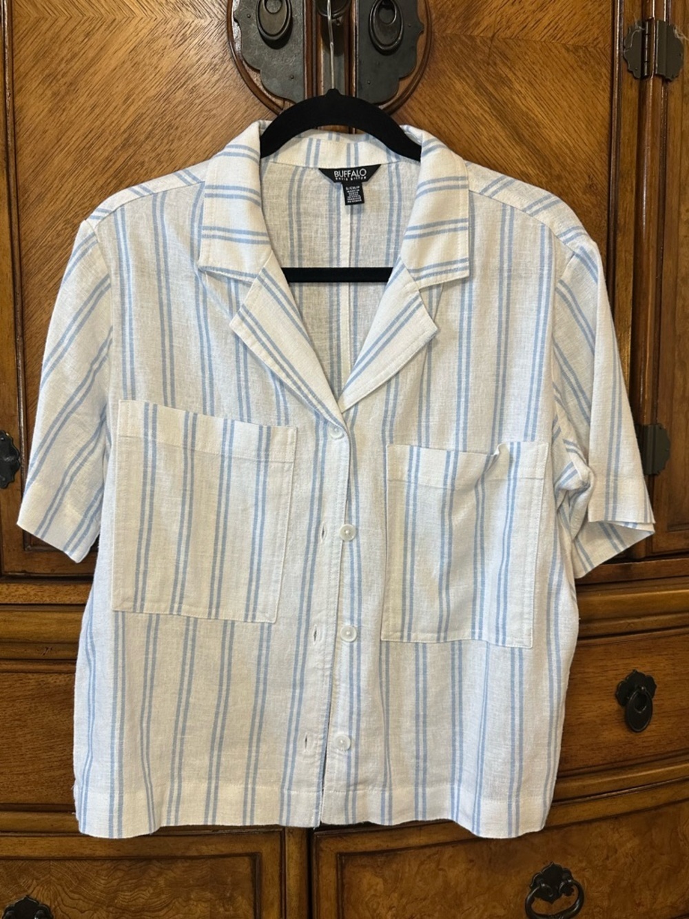 Buffalo David Bitton Linen Blend Striped Camp Shirt Top Blue White Small - Picture 2 of 11